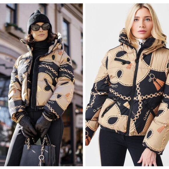 Goldbergh Precious Print Down Ski Jacket Gold Chain Design US 8 - Picture 3 of 12